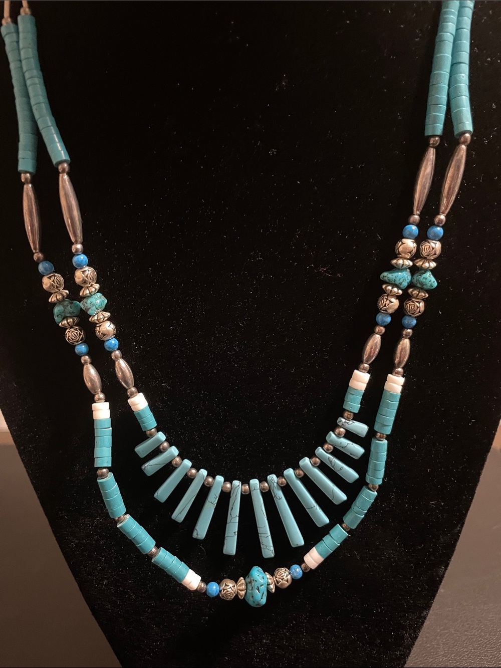 Southwestern Turquoise & Silver Beaded Double Strand Necklace